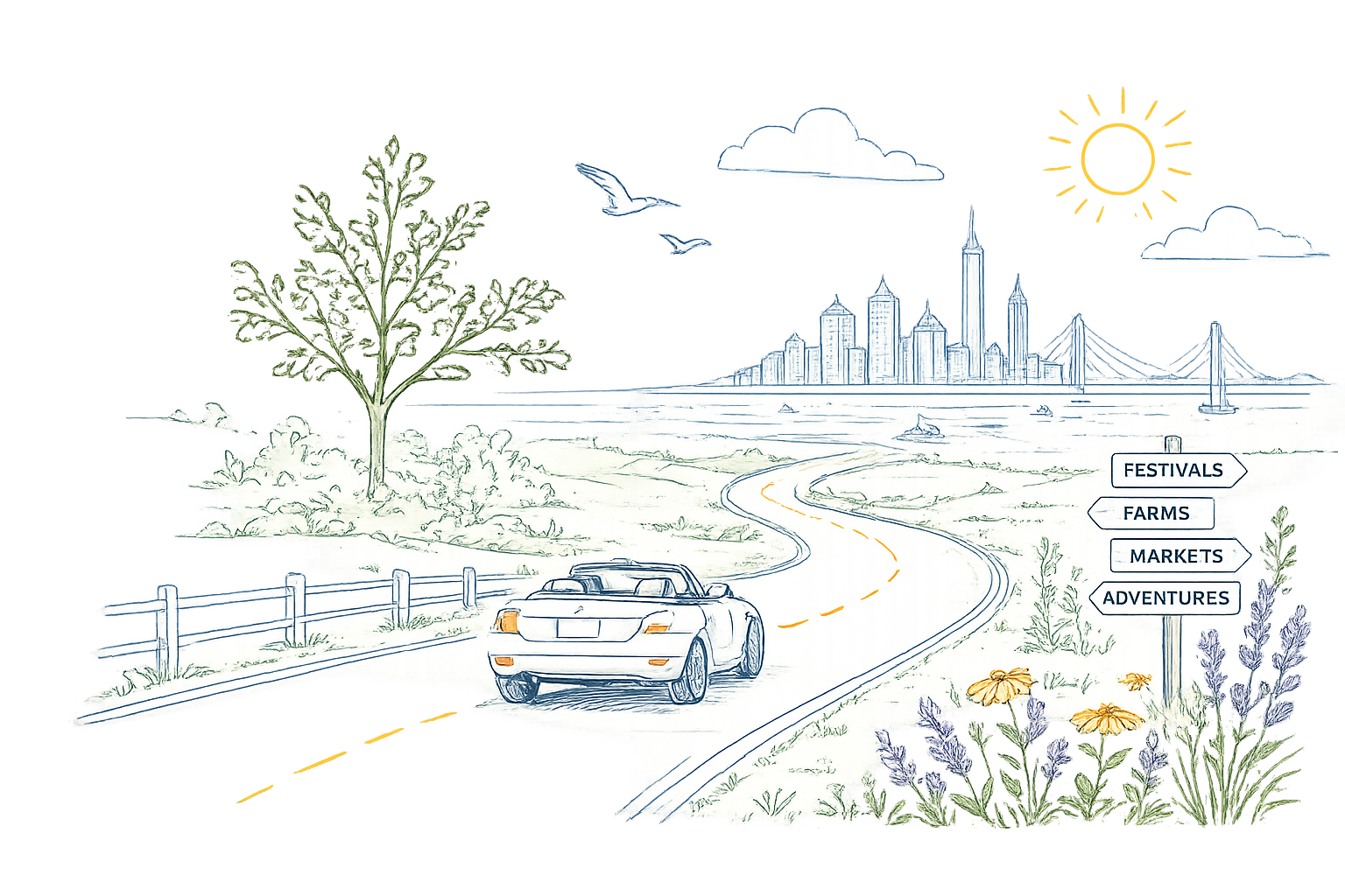 A winding country road leading toward the Boston skyline, with signs for festivals, farms, markets, and adventures